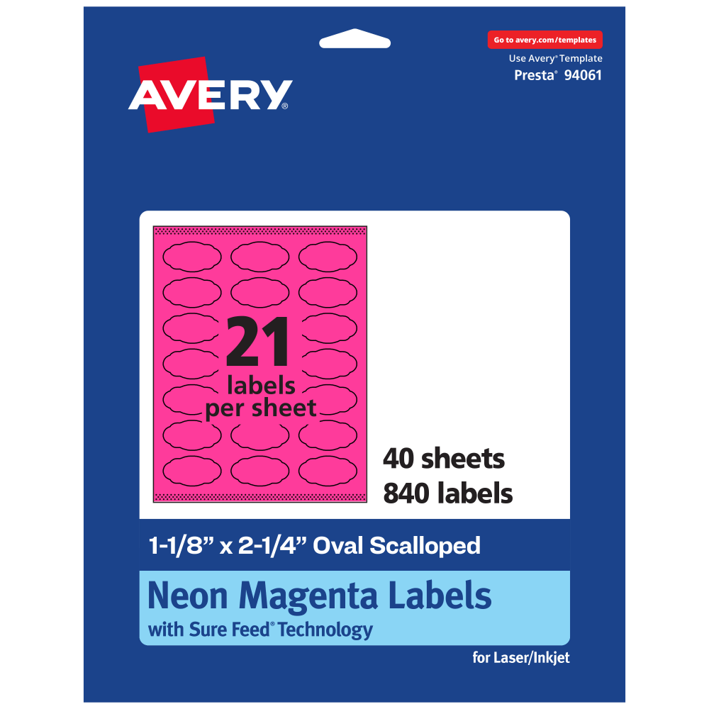 Avery Print-To-The-Edge Labels With Sure Feed Technology And Easy Peel, 94061-NMP40, Oval Scalloped, 1-1/8inx2-1/4in, Matte Neon Magenta, Pack of 840 MPN:94061-NMP40