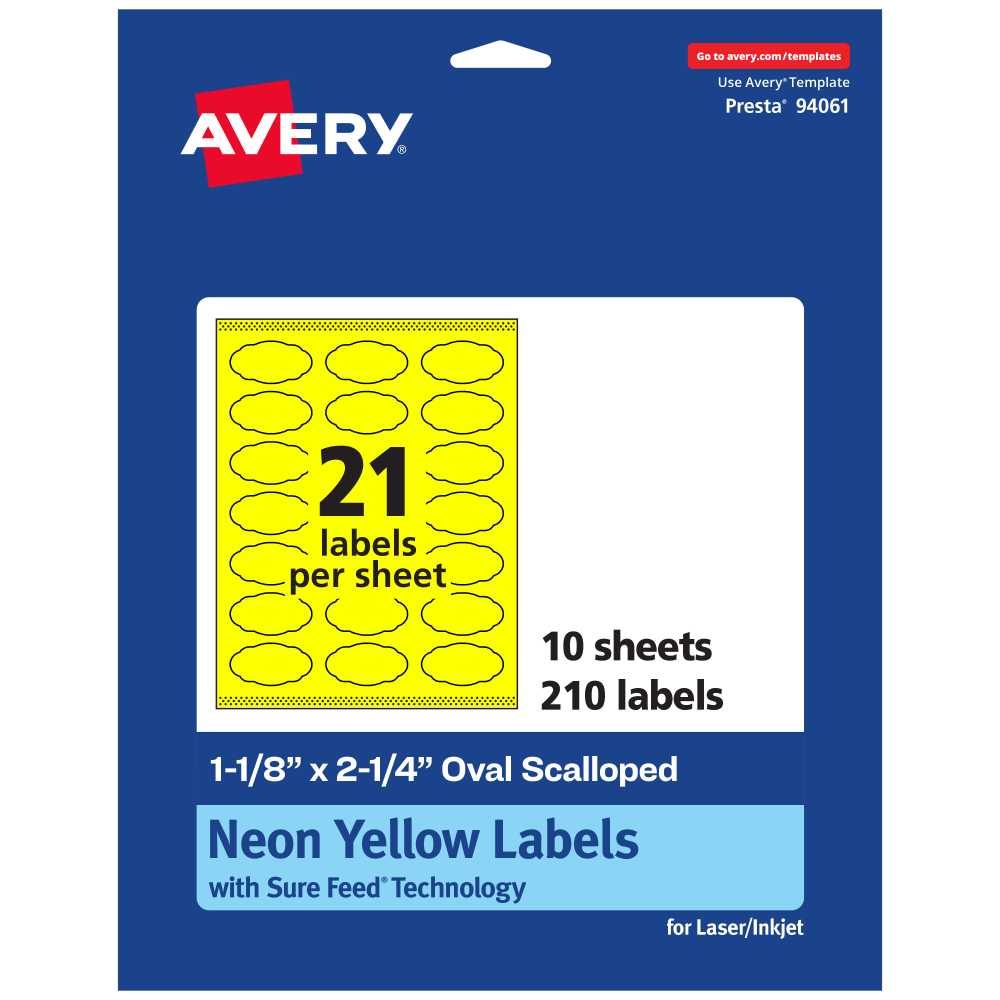 Avery Print-To-The-Edge Labels With Sure Feed Technology And Easy Peel, 94061-NYP10, Oval Scalloped, 1-1/8inx2-1/4in, Matte Neon Yellow, Pack of 210 MPN:94061-NYP10
