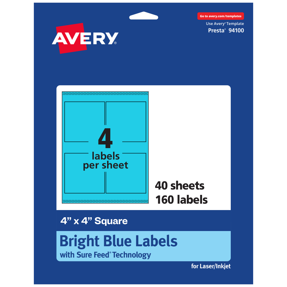 Avery Printable Labels With Sure Feed Technology, 94100-BBP40, Square, 4in x 4in, Matte Bright Blue, Pack of 160 MPN:94100-BBP40