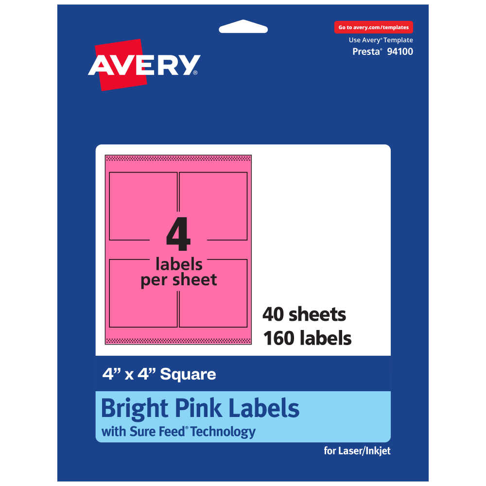 Avery Printable Labels With Sure Feed Technology, 94100-BPP40, Square, 4in x 4in, Matte Bright Pink, Pack of 160 MPN:94100-BPP40
