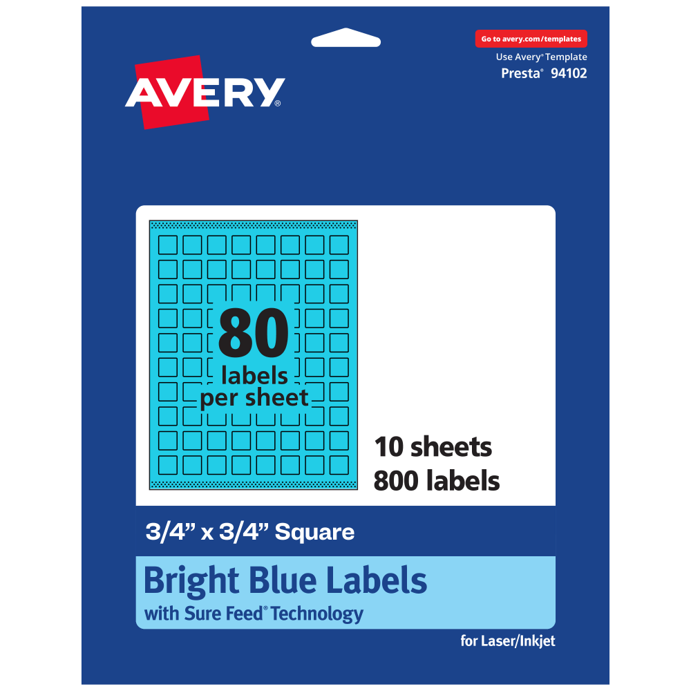 Avery Print-To-The-Edge Labels With Sure Feed Technology And Easy Peel, 94102-BBP10, Square, 3/4in x 3/4in, Matte Bright Blue, Pack of 800 MPN:94102-BBP10