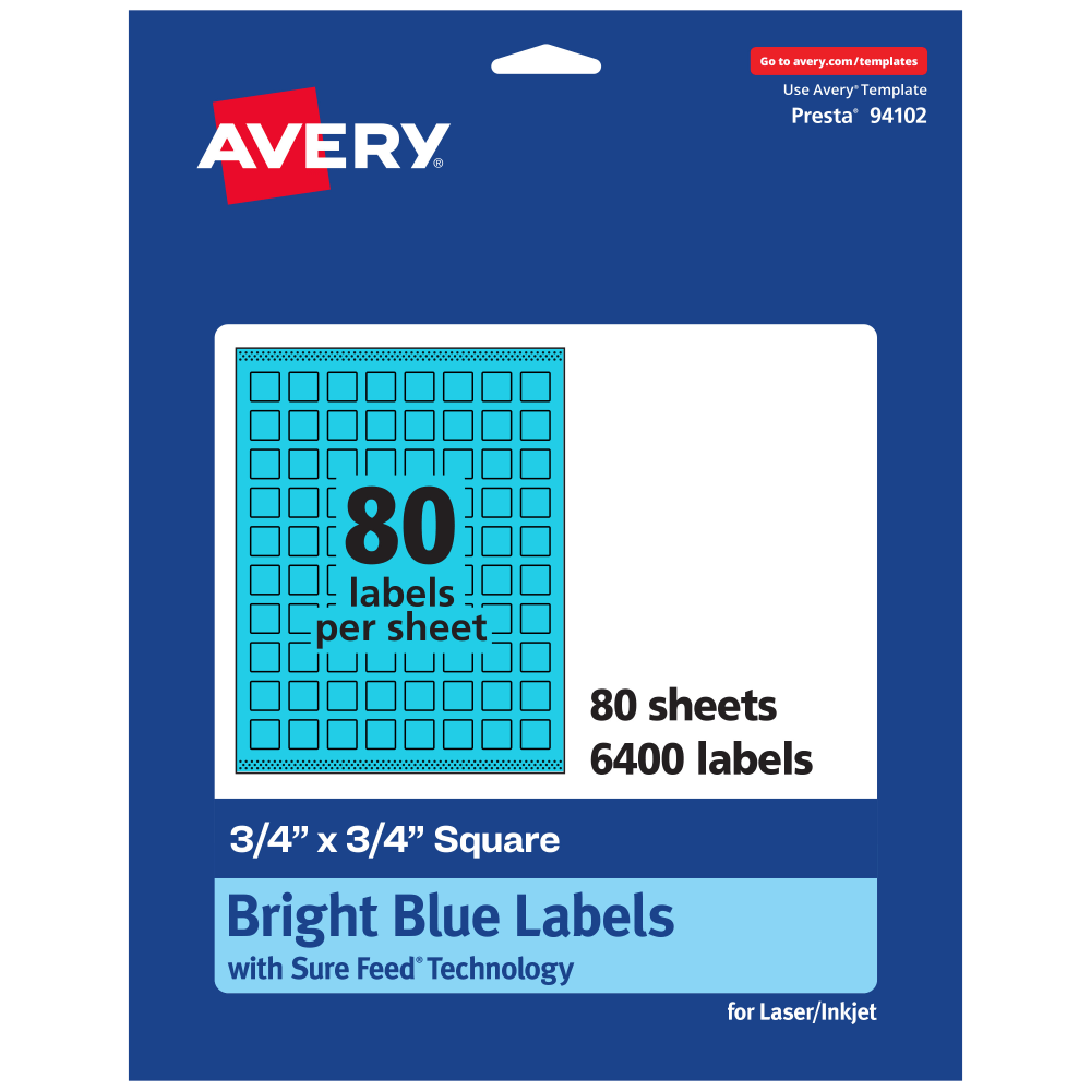 Avery Print-To-The-Edge Labels With Sure Feed Technology And Easy Peel, 94102-BBP80, Square, 3/4in x 3/4in, Matte Bright Blue, Pack of 6400 MPN:94102-BBP80