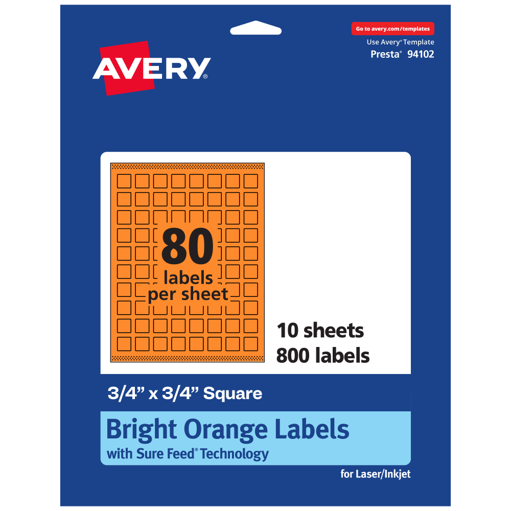 Avery Print-To-The-Edge Labels With Sure Feed Technology And Easy Peel, 94102-BOP10, Square, 3/4in x 3/4in, Matte Bright Orange, Pack of 800 MPN:94102-BOP10
