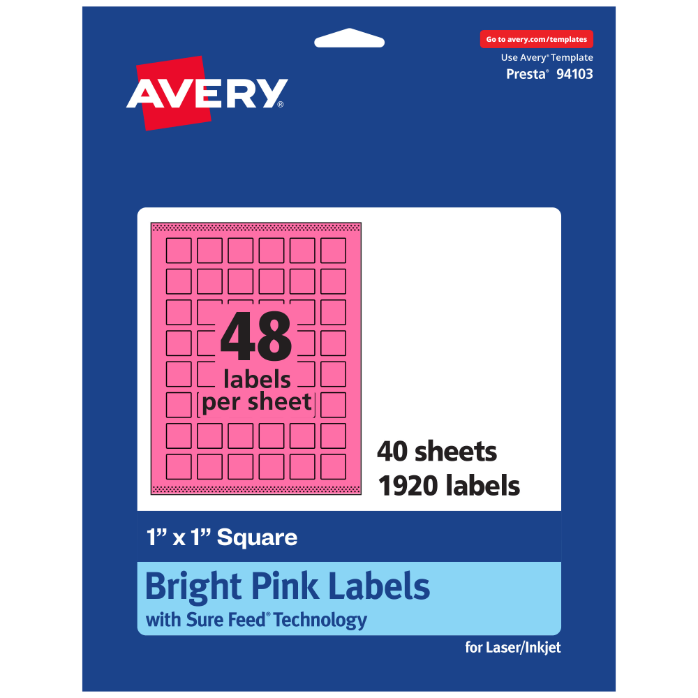 Avery Print-To-The-Edge Labels With Sure Feed Technology And Easy Peel Label Feature, 94103-BPP40, Square, 1in x 1in, Matte Bright Pink, Pack of 1920 MPN:94103-BPP40