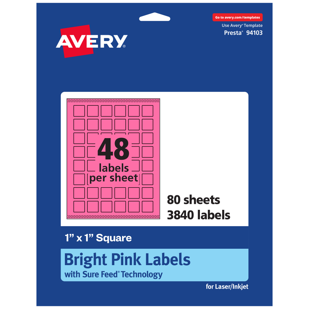 Avery Print-To-The-Edge Labels With Sure Feed Technology And Easy Peel Label Feature, 94103-BPP80, Square, 1in x 1in, Matte Bright Pink, Pack of 3840 MPN:94103-BPP80