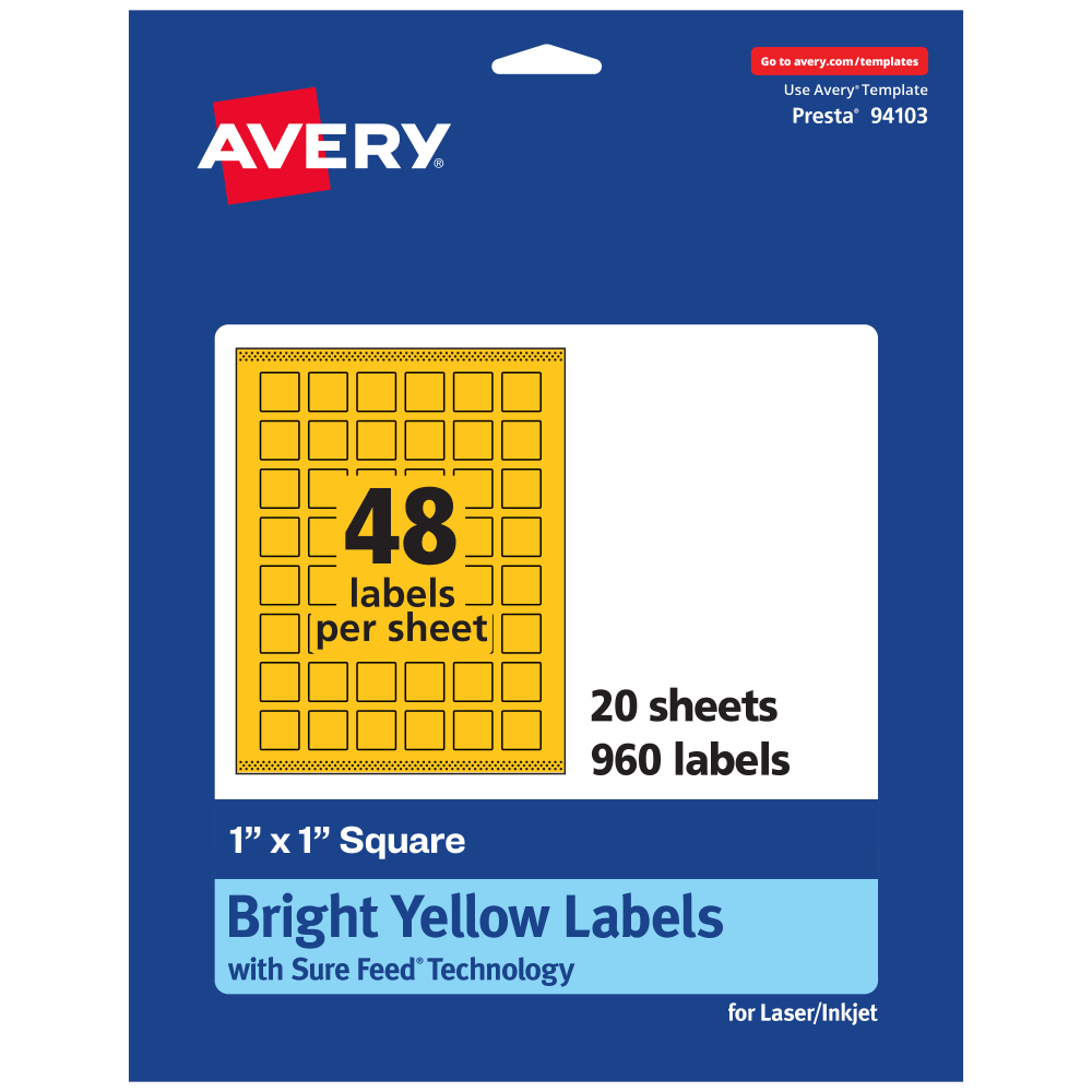 Avery Print-To-The-Edge Labels With Sure Feed Technology And Easy Peel, 94103-BYP20, Square, 1in x 1in, Matte Bright Yellow, Pack of 960 MPN:94103-BYP20