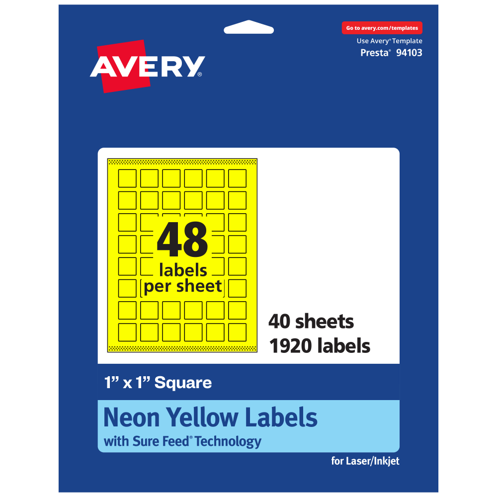 Avery Print-To-The-Edge Labels With Sure Feed Technology And Easy Peel Label Feature, 94103-NYP40, Square, 1in x 1in, Matte Neon Yellow, Pack of 1920 MPN:94103-NYP40