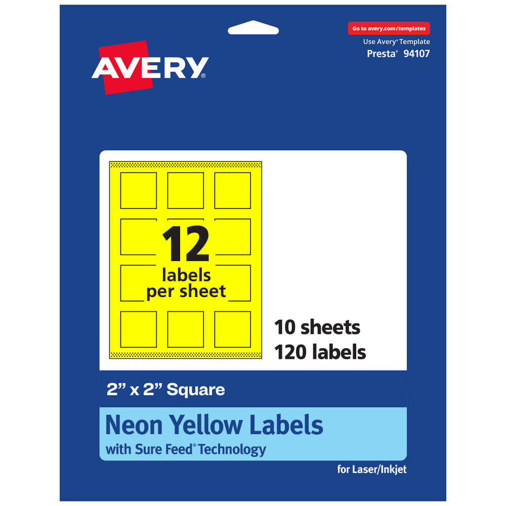 Avery Print-To-The-Edge Labels With Sure Feed Technology And Easy Peel Label Feature, 94107-NYP10, Square, 2in x 2in, Matte Neon Yellow, Pack of 120 MPN:94107-NYP10