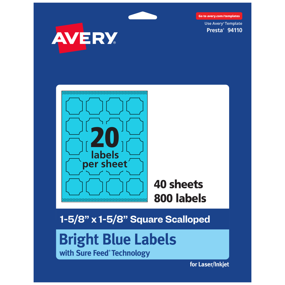 Avery Print-To-The-Edge Labels With Sure Feed Technology, 94110-BBP40, Square Scalloped, 1-5/8in x 1-5/8in, Matte Bright Blue, Pack of 800 MPN:94110-BBP40