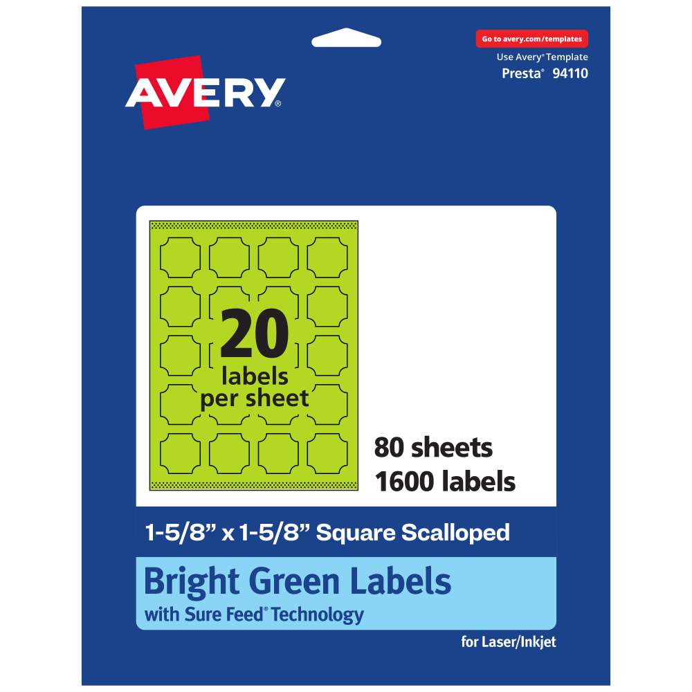 Avery Print-To-The-Edge Labels With Sure Feed Technology, 94110-BGP80, Square Scalloped, 1-5/8in x 1-5/8in, Matte Bright Green, Pack of 1600 MPN:94110-BGP80