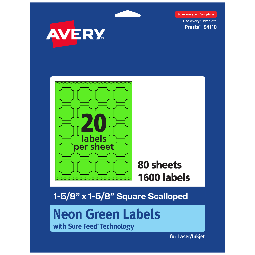 Avery Print-To-The-Edge Labels With Sure Feed Technology, 94110-NGP80, Square Scalloped, 1-5/8in x 1-5/8in, Matte Neon Green, Pack of 1600 MPN:94110-NGP80