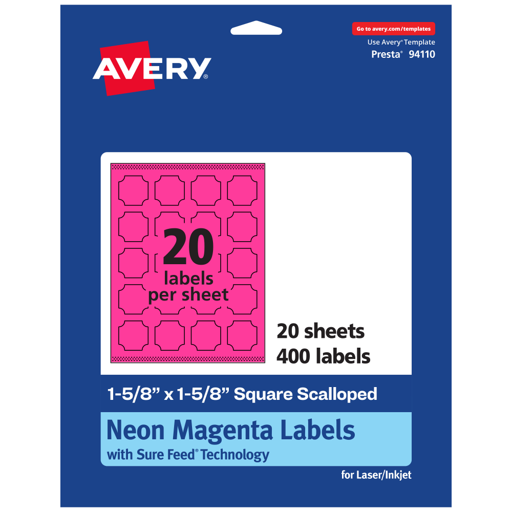 Avery Print-To-The-Edge Labels With Sure Feed Technology, 94110-NMP20, Square Scalloped, 1-5/8in x 1-5/8in, Matte Neon Magenta, Pack of 400 MPN:94110-NMP20
