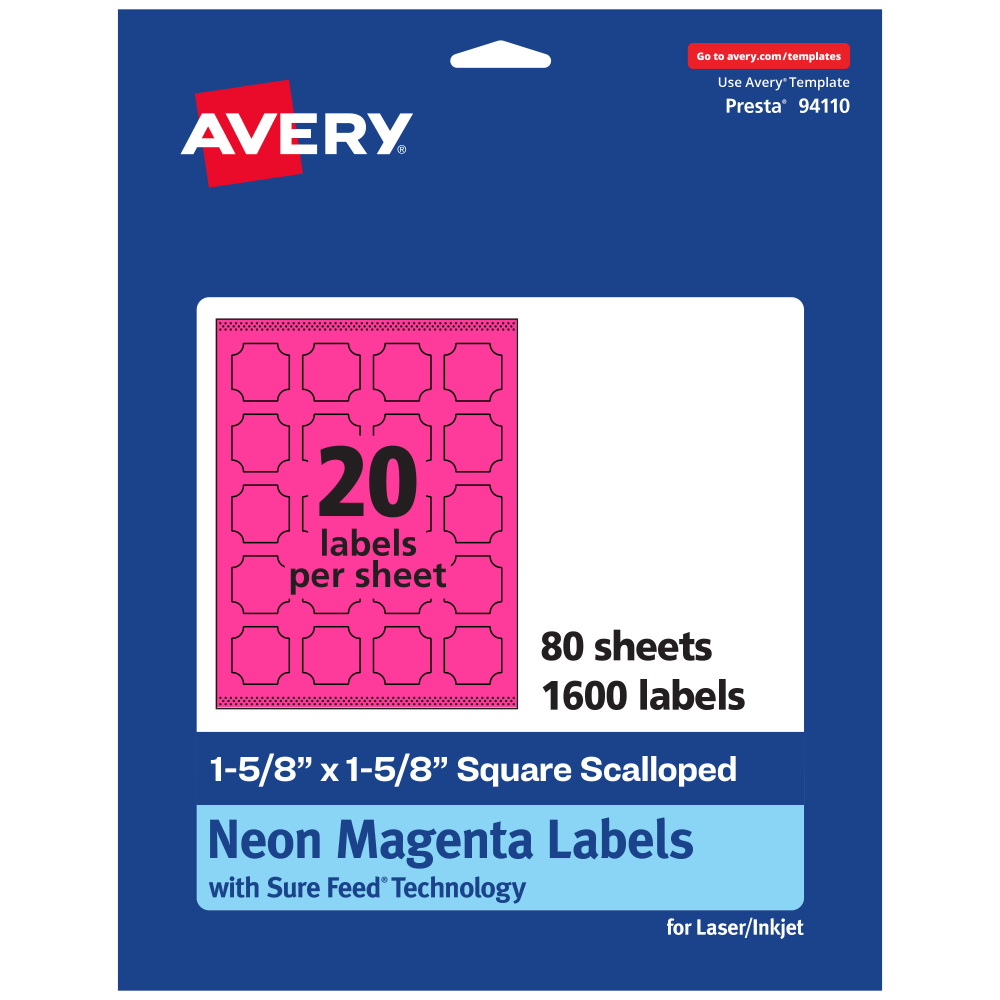 Avery Print-To-The-Edge Labels With Sure Feed Technology, 94110-NMP80, Square Scalloped, 1-5/8in x 1-5/8in, Matte Neon Magenta, Pack of 1600 MPN:94110-NMP80