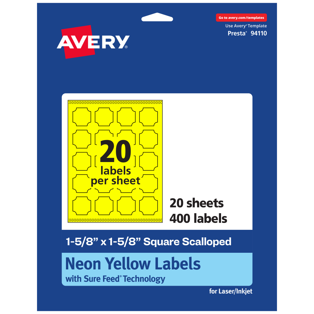 Avery Print-To-The-Edge Labels With Sure Feed Technology, 94110-NYP20, Square Scalloped, 1-5/8in x 1-5/8in, Matte Neon Yellow, Pack of 400 MPN:94110-NYP20