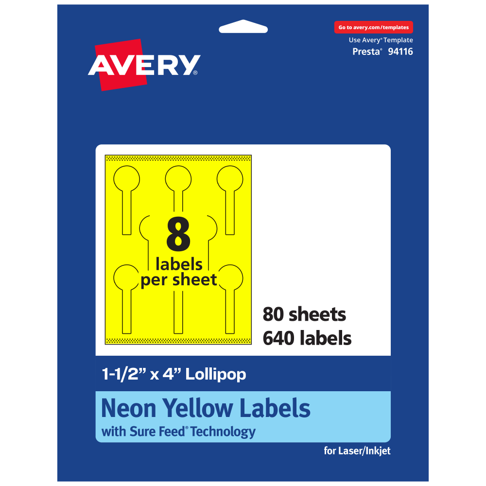 Avery Print-To-The-Edge Labels With Sure Feed Technology, 94116-NYP80, Lollipop, 1-1/2in x 4in, Matte Neon Yellow, Pack of 640 MPN:94116-NYP80