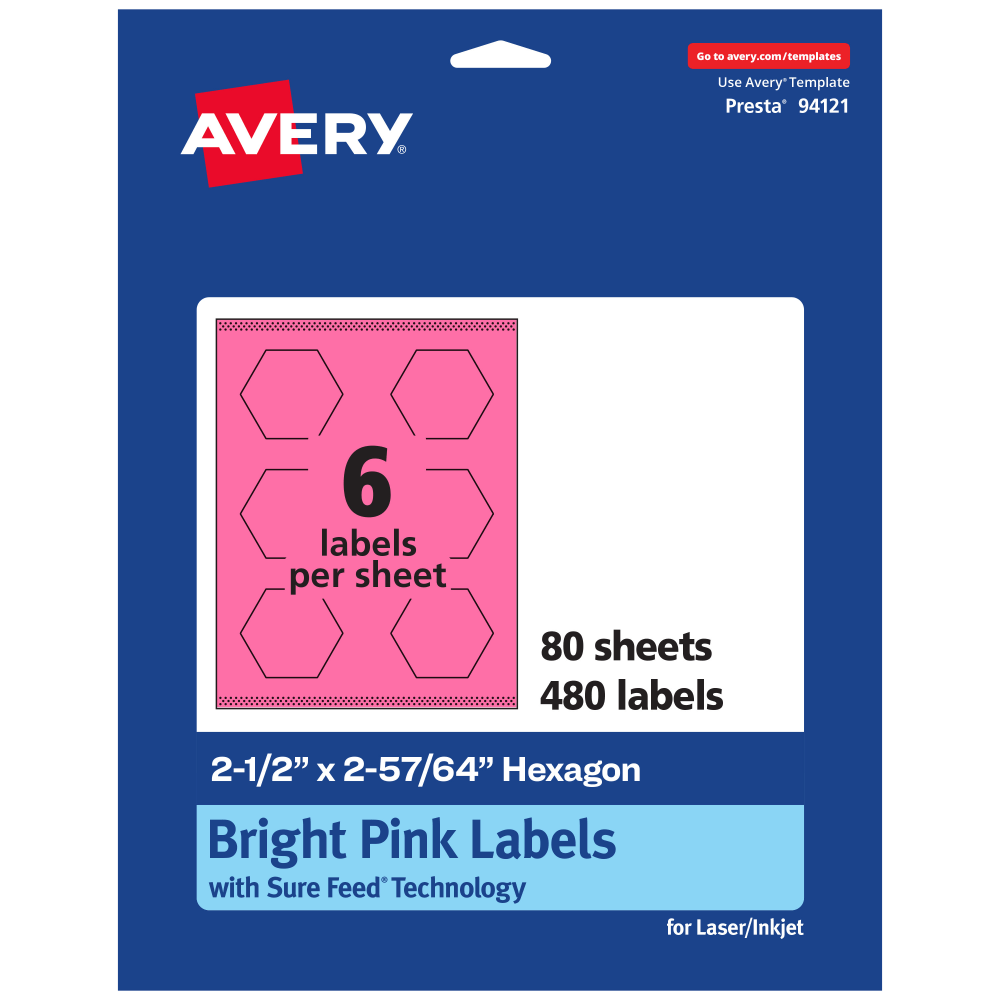 Avery Print-To-The-Edge Labels With Sure Feed Technology, 94121-BPP80, Hexagon, 2-1/2in x 2-57/64in, Matte Bright Pink, Pack of 480 MPN:94121-BPP80