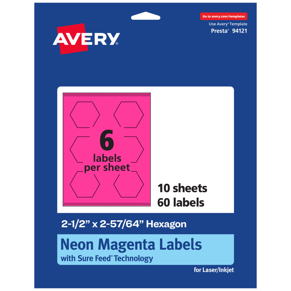 Avery Print-To-The-Edge Labels With Sure Feed Technology, 94121-NMP10, Hexagon, 2-1/2in x 2-57/64in, Matte Neon Magenta, Pack of 60 MPN:94121-NMP10