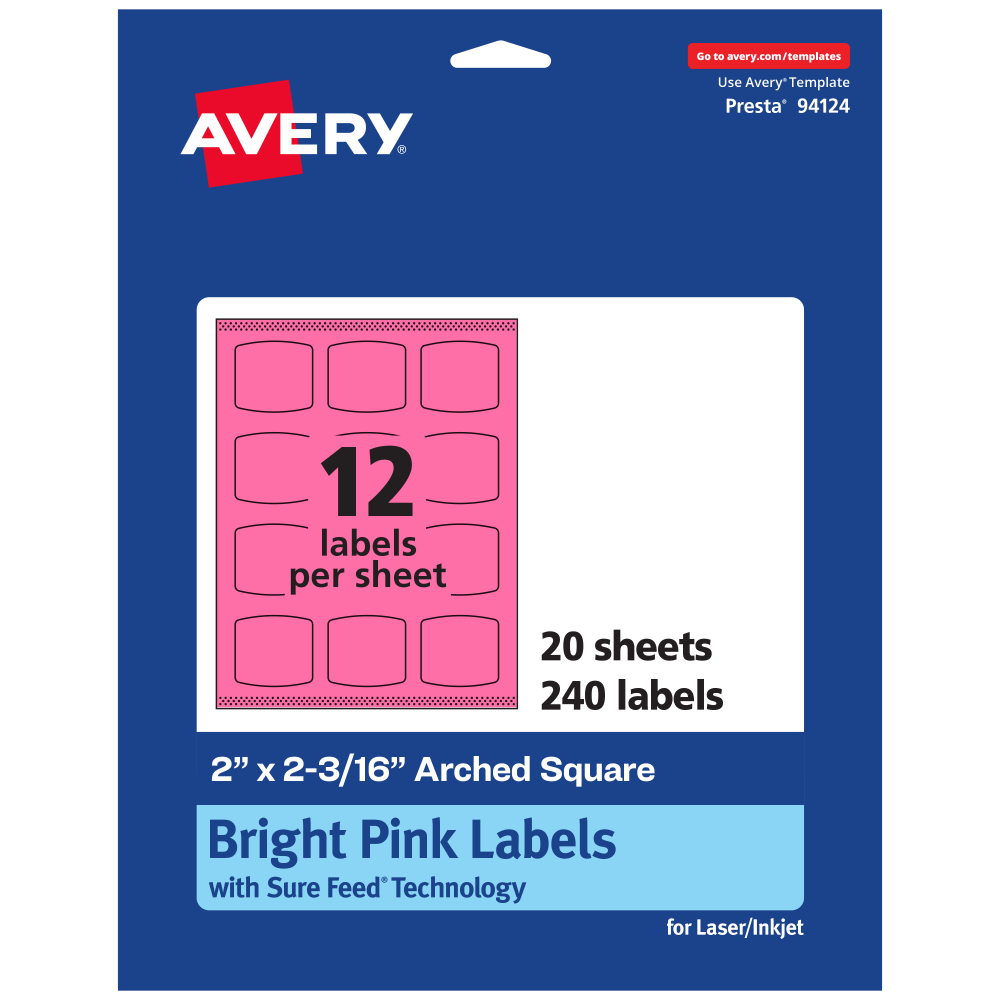 Avery Print-To-The-Edge Labels With Sure Feed Technology, 94124-BPP20, Arched Square, 2in x 2-3/16in, Matte Bright Pink, Pack of 240 MPN:94124-BPP20