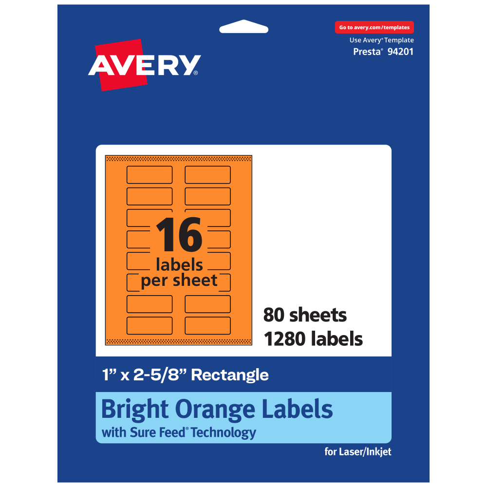 Avery Print-To-The-Edge Labels With Sure Feed Technology And Easy Peel, 94201-BOP80, Rectangle, 1in x 2-5/8in, Matte Bright Orange, Pack of 1280 MPN:94201-BOP80