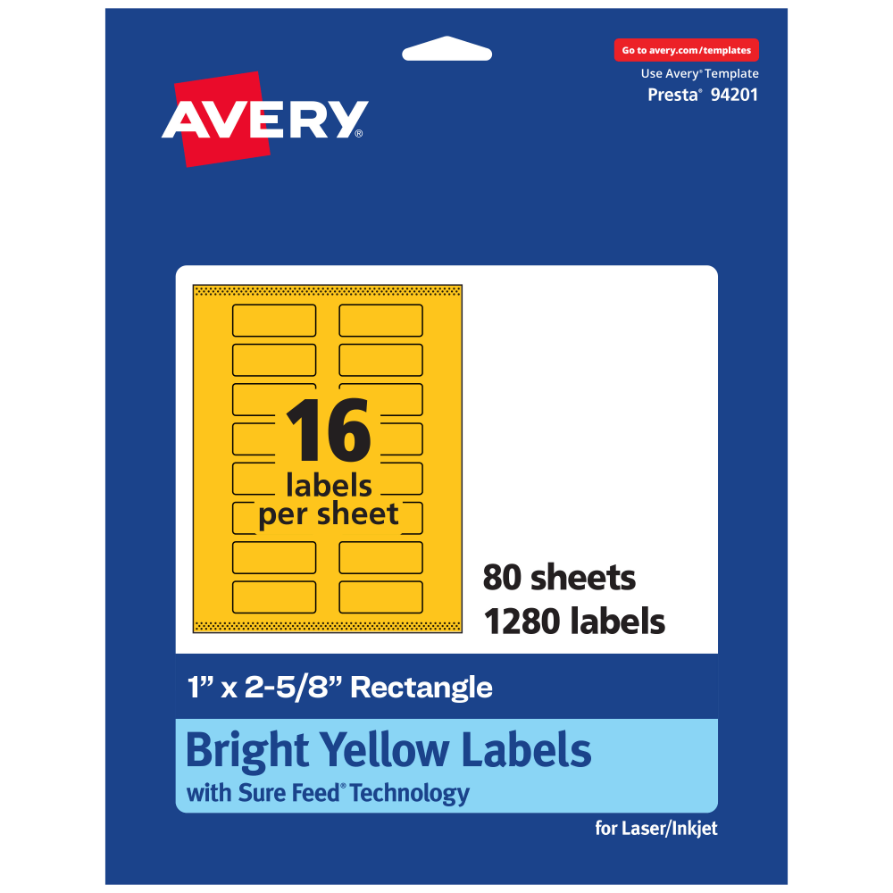 Avery Print-To-The-Edge Labels With Sure Feed Technology And Easy Peel, 94201-BYP80, Rectangle, 1in x 2-5/8in, Matte Bright Yellow, Pack of 1280 MPN:94201-BYP80