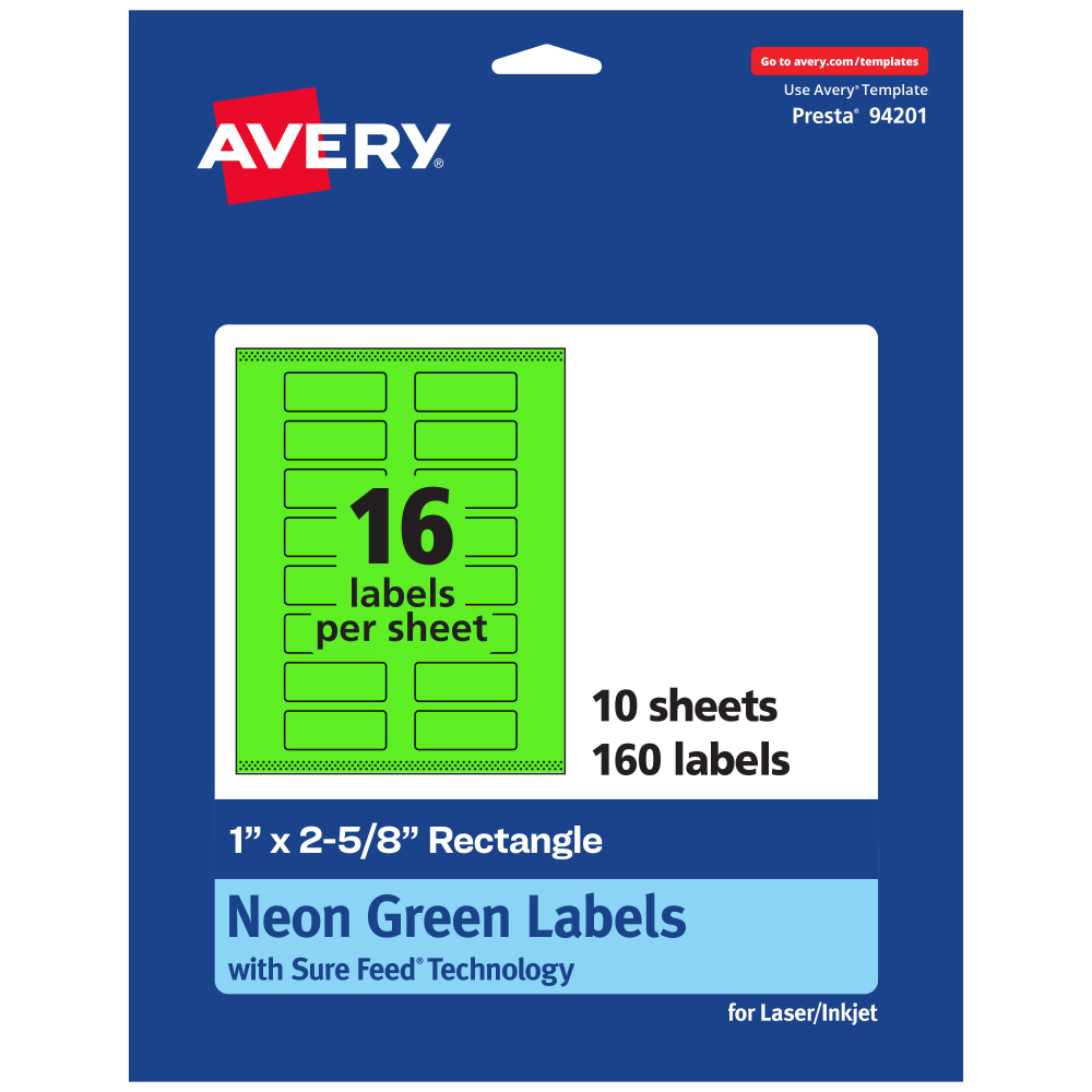 Avery Print-To-The-Edge Labels With Sure Feed Technology And Easy Peel, 94201-NGP10, Rectangle, 1in x 2-5/8in, Matte Neon Green, Pack of 160 MPN:94201-NGP10