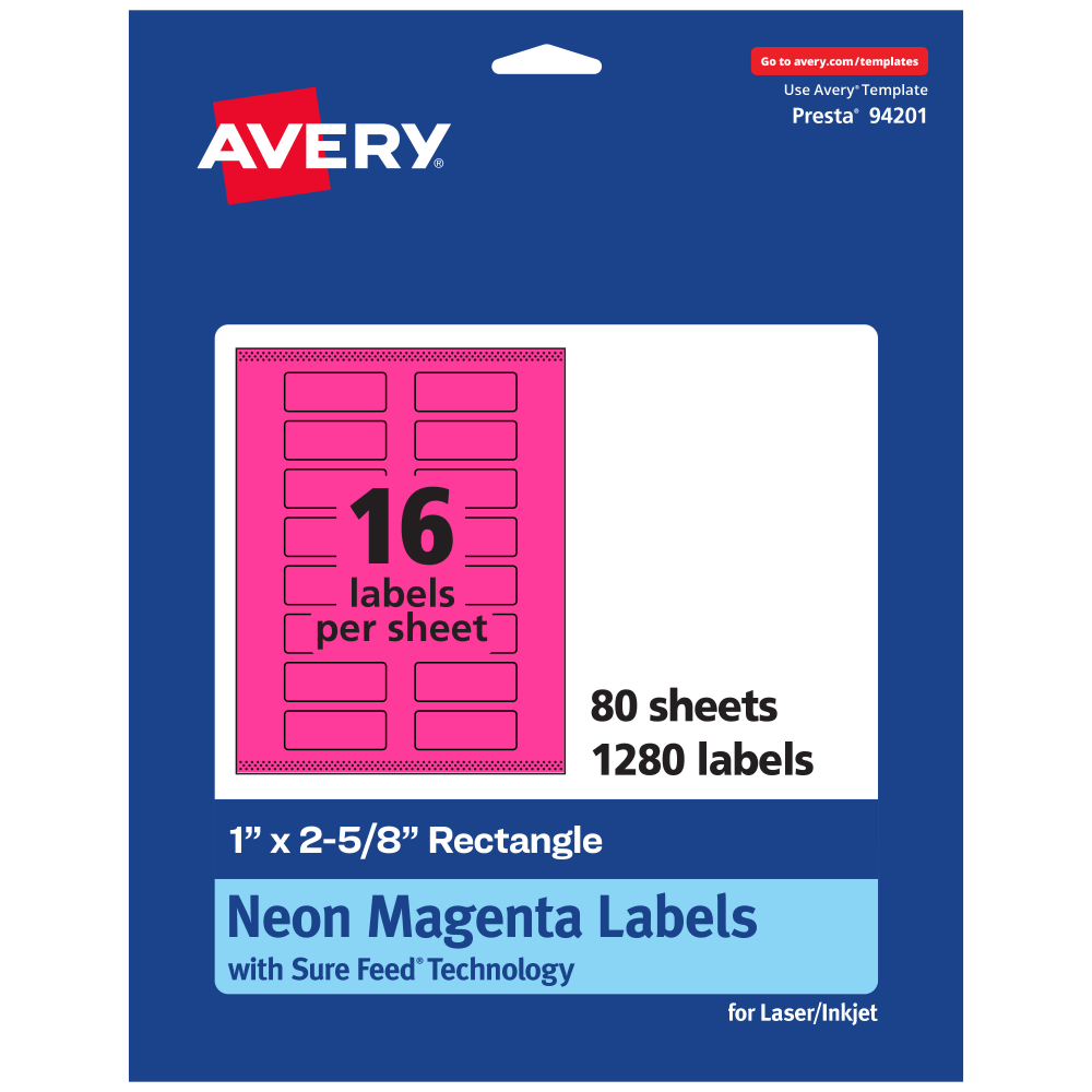Avery Print-To-The-Edge Labels With Sure Feed Technology And Easy Peel, 94201-NMP80, Rectangle, 1in x 2-5/8in, Matte Neon Magenta, Pack of 1280 MPN:94201-NMP80