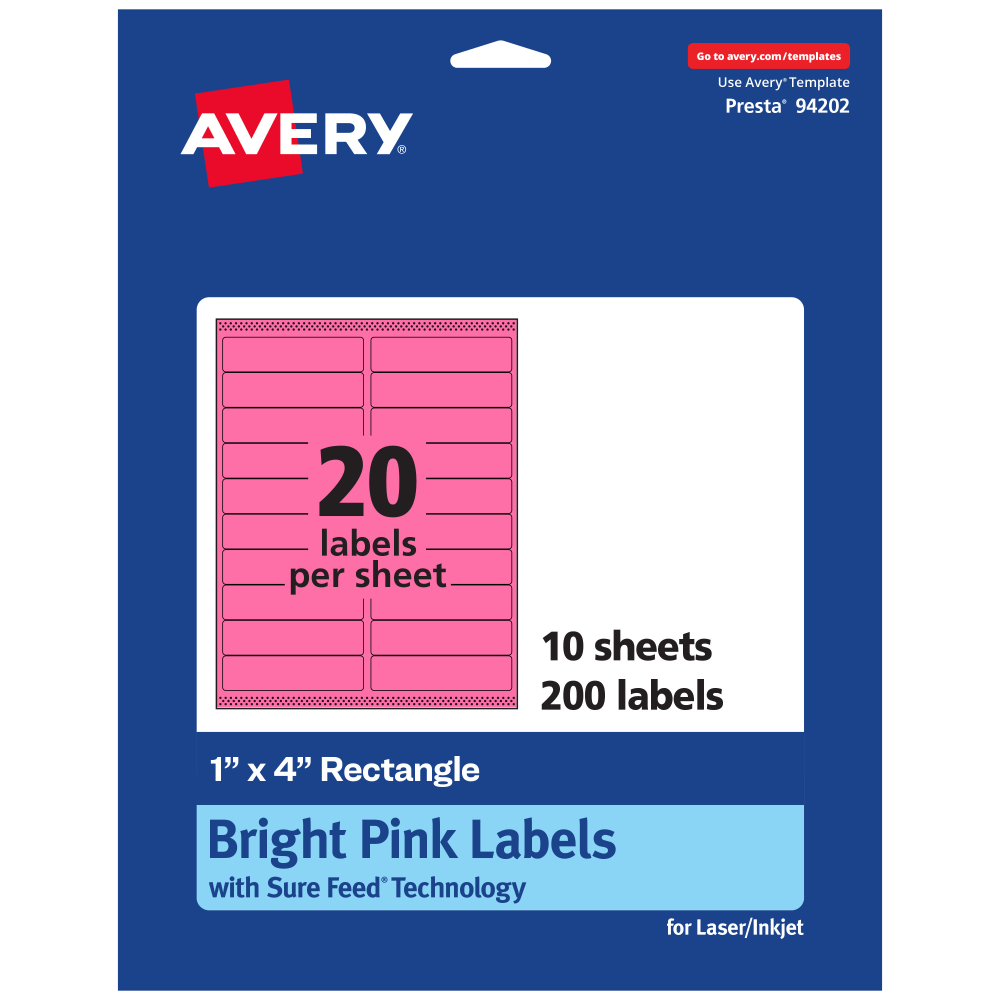 Avery Printable Labels With Sure Feed Technology, 94202-BPP10, Rectangle, 1in x 4in, Matte Bright Pink, Pack of 200 MPN:94202-BPP10