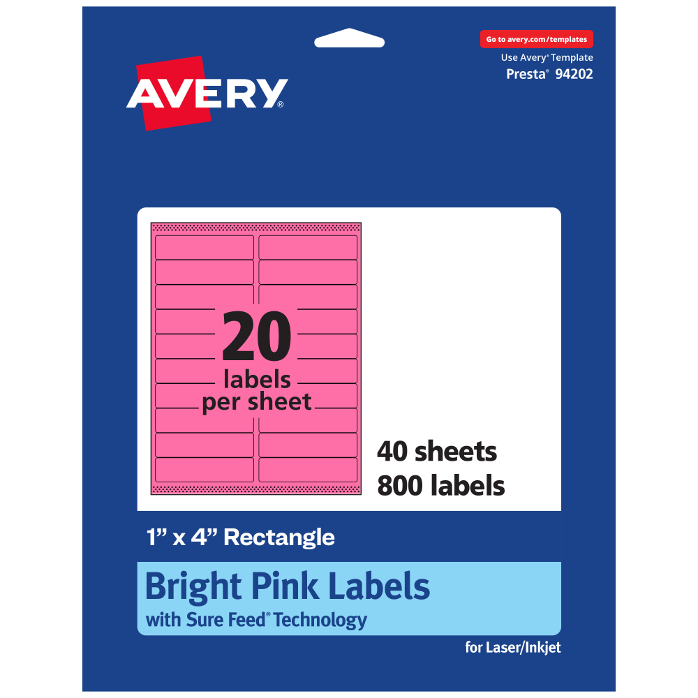 Avery Printable Labels With Sure Feed Technology, 94202-BPP40, Rectangle, 1in x 4in, Matte Bright Pink, Pack of 800 MPN:94202-BPP40