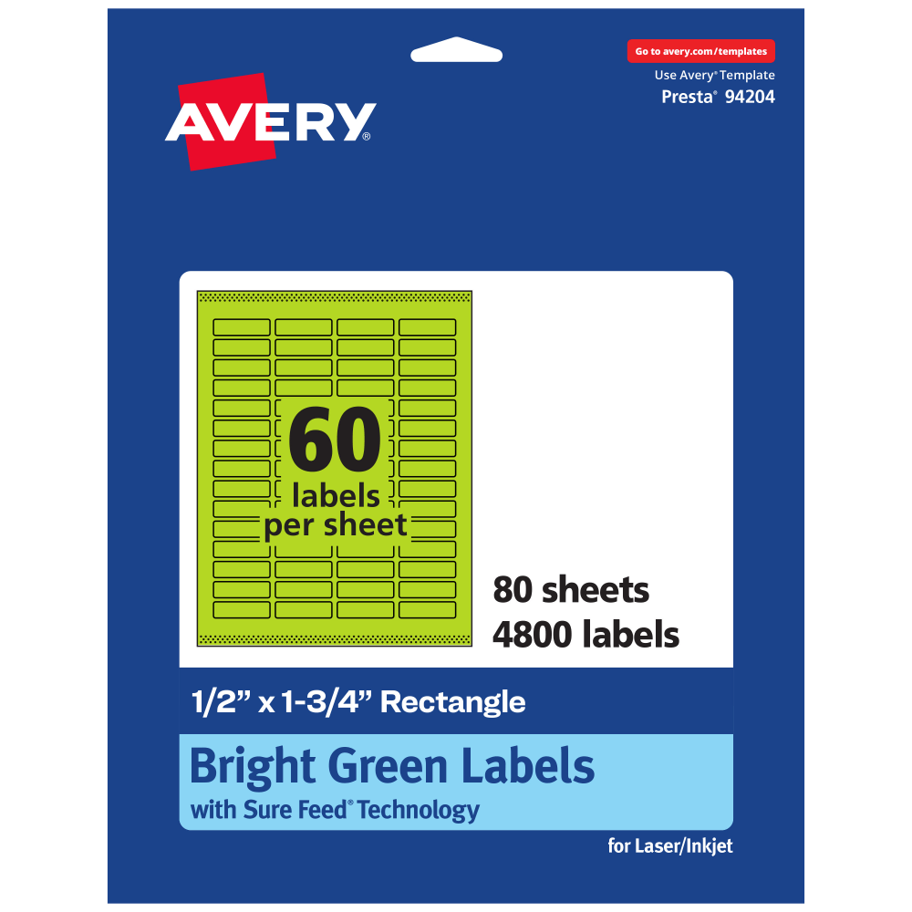 Avery Print-To-The-Edge Labels With Sure Feed Technology And Easy Peel, 94204-BGP80, Rectangle, 1/2in x 1-3/4in, Matte Bright Green, Pack of 4800 MPN:94204-BGP80