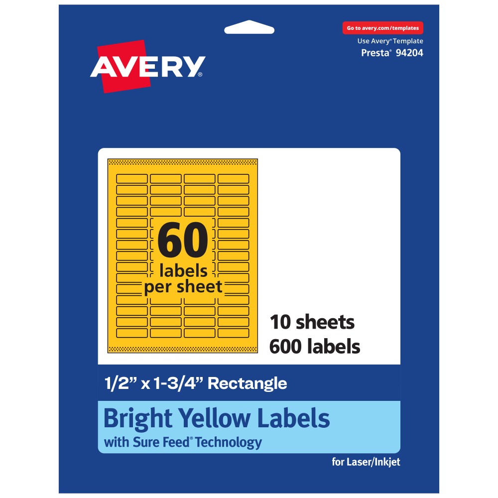 Avery Print-To-The-Edge Labels With Sure Feed Technology And Easy Peel, 94204-BYP10, Rectangle, 1/2in x 1-3/4in, Matte Bright Yellow, Pack of 600 MPN:94204-BYP10