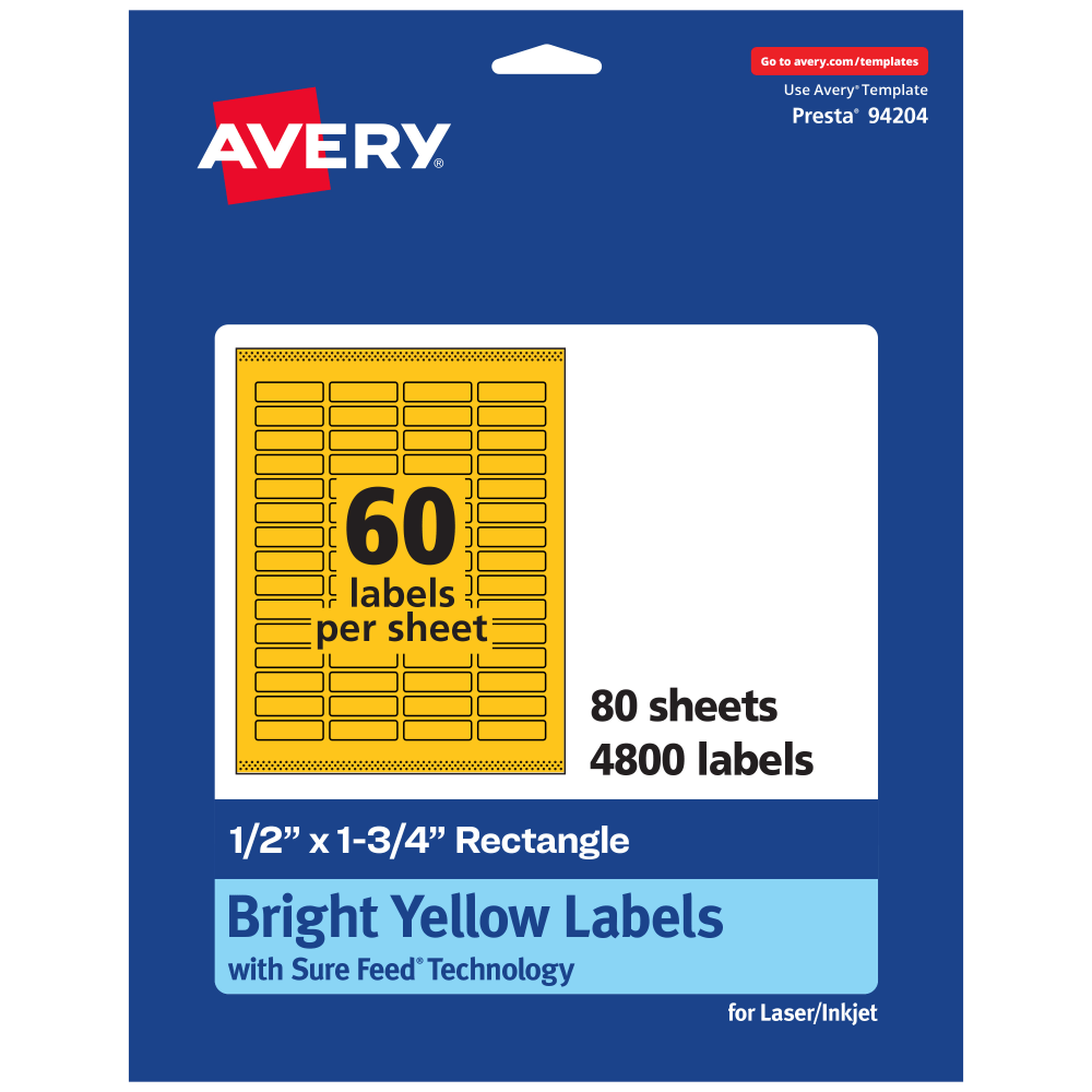 Avery Print-To-The-Edge Labels With Sure Feed Technology And Easy Peel, 94204-BYP80, Rectangle, 1/2in x 1-3/4in, Matte Bright Yellow, Pack of 4800 MPN:94204-BYP80