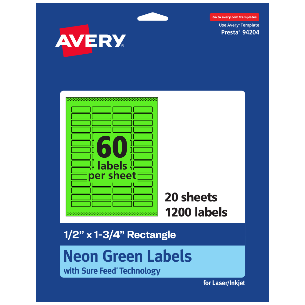 Avery Print-To-The-Edge Labels With Sure Feed Technology And Easy Peel, 94204-NGP20, Rectangle, 1/2in x 1-3/4in, Matte Neon Green, Pack of 1200 MPN:94204-NGP20