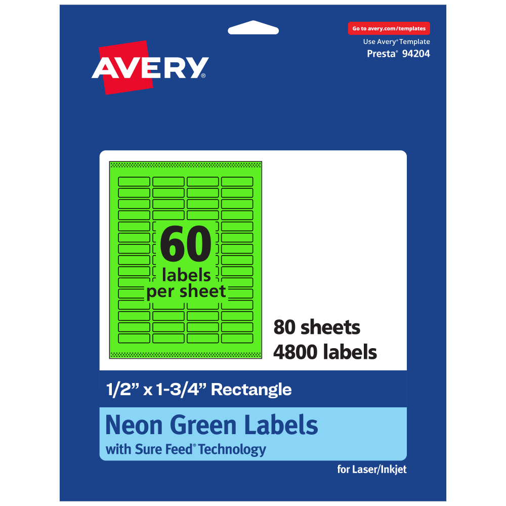Avery Print-To-The-Edge Labels With Sure Feed Technology And Easy Peel, 94204-NGP80, Rectangle, 1/2in x 1-3/4in, Matte Neon Green, Pack of 4800 MPN:94204-NGP80