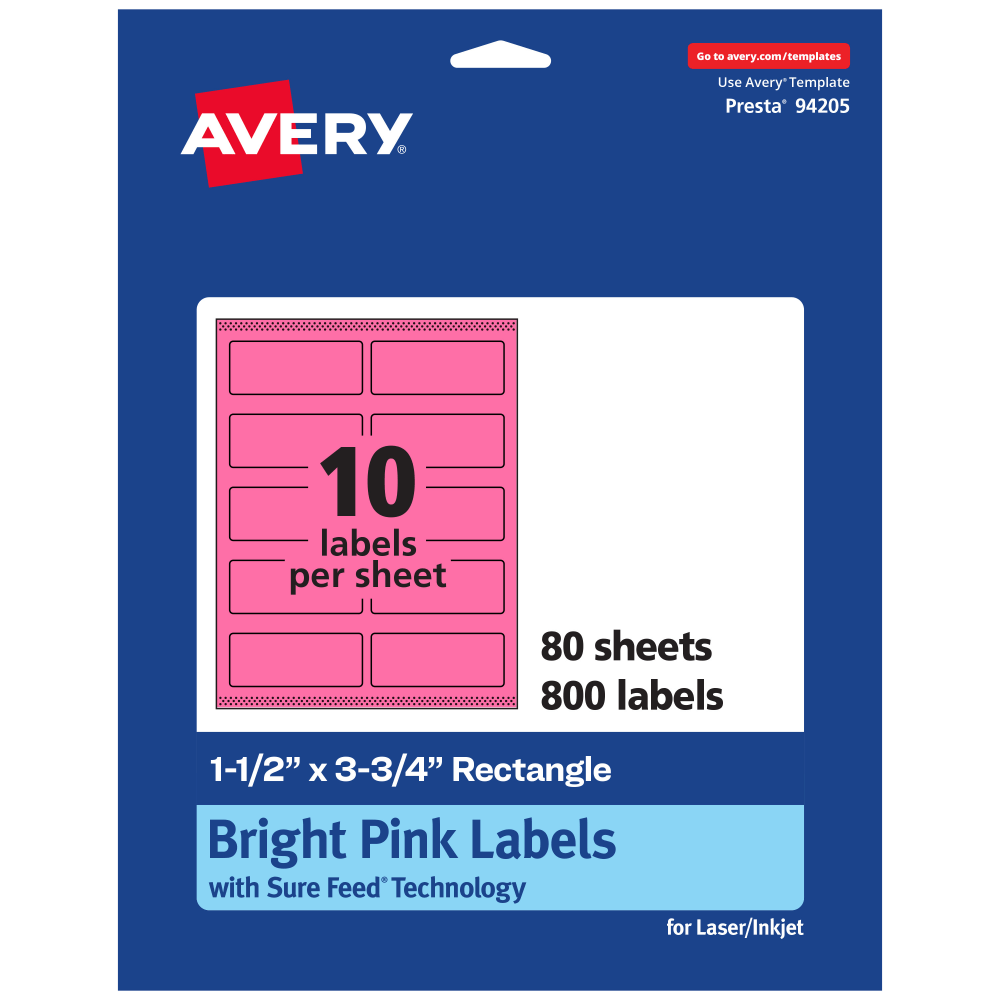 Avery Print-To-The-Edge Labels With Sure Feed Technology And Easy Peel, 94205-BPP80, Rectangle, 1-1/2in x 3-3/4in, Matte Bright Pink, Pack of 800 MPN:94205-BPP80