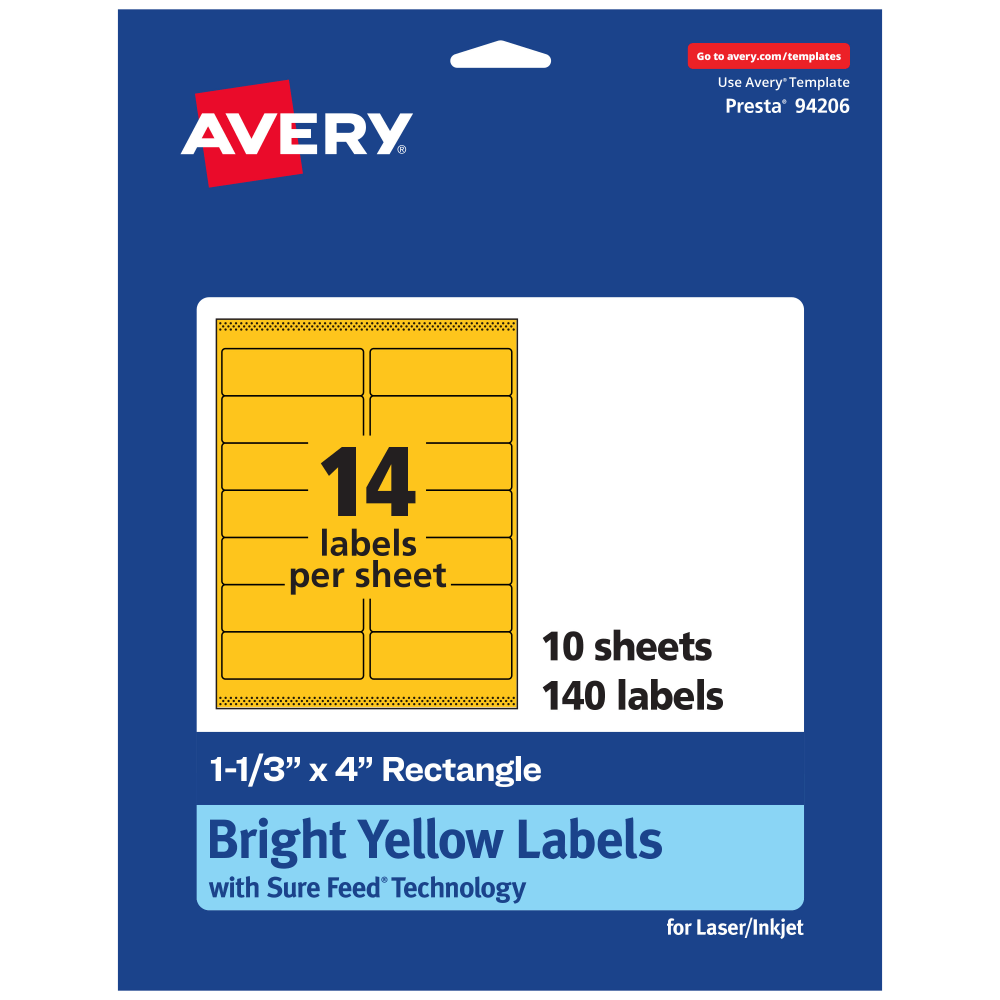 Avery Printable Labels With Sure Feed Technology, 94206-BYP10, Rectangle, 1-1/3in x 4in, Matte Bright Yellow, Pack of 140 MPN:94206-BYP10