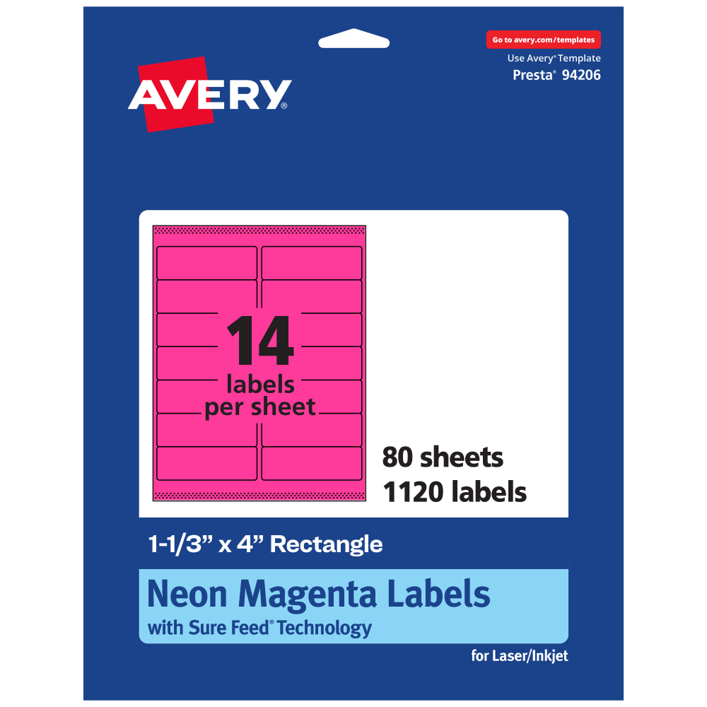 Avery Printable Labels With Sure Feed Technology, 94206-NMP80, Rectangle, 1-1/3in x 4in, Matte Neon Magenta, Pack of 1120 MPN:94206-NMP80