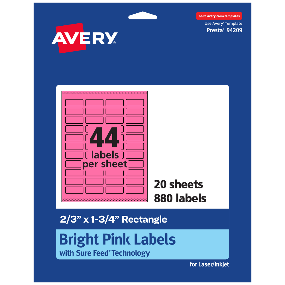 Avery Print-To-The-Edge Labels With Sure Feed Technology And Easy Peel, 94209-BPP20, Rectangle, 2/3in x 1-3/4in, Matte Bright Pink, Pack of 880 MPN:94209-BPP20