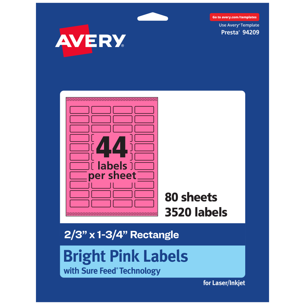 Avery Print-To-The-Edge Labels With Sure Feed Technology And Easy Peel, 94209-BPP80, Rectangle, 2/3in x 1-3/4in, Matte Bright Pink, Pack of 3520 MPN:94209-BPP80