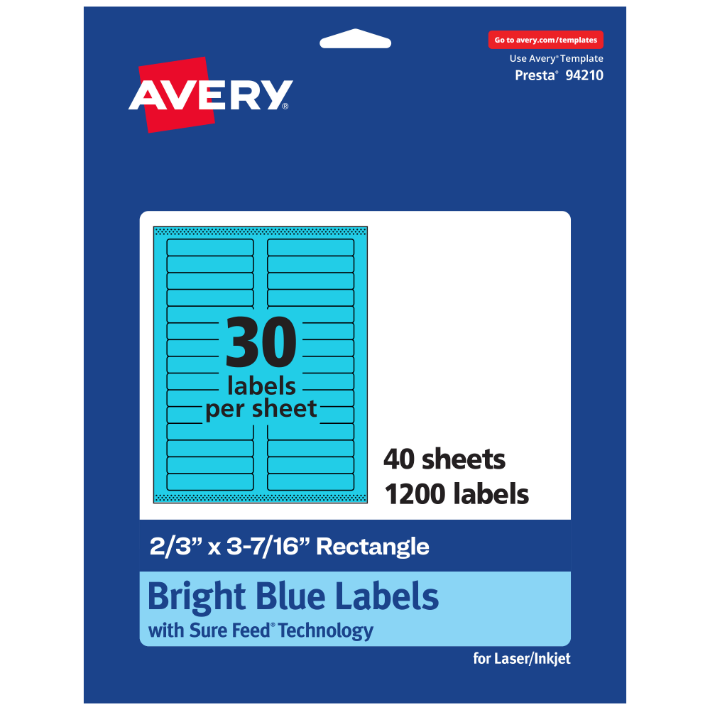 Avery Printable Labels With Sure Feed Technology, 94210-BBP40, Rectangle, 2/3in x 3-7/16in, Matte Bright Blue, Pack of 1200 MPN:94210-BBP40