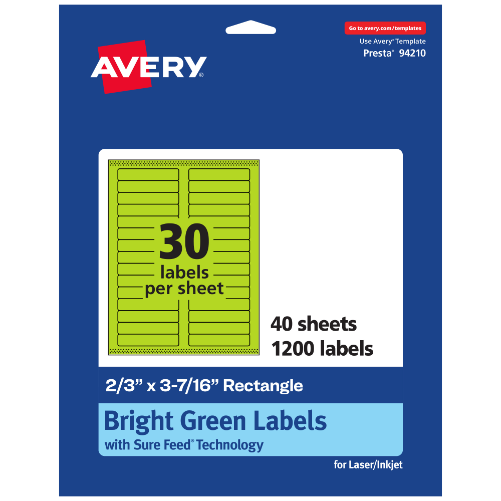 Avery Printable Labels With Sure Feed Technology, 94210-BGP40, Rectangle, 2/3in x 3-7/16in, Matte Bright Green, Pack of 1200 MPN:94210-BGP40