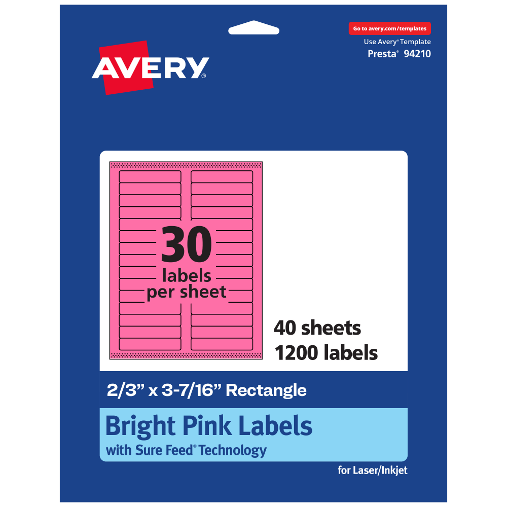 Avery Printable Labels With Sure Feed Technology, 94210-BPP40, Rectangle, 2/3in x 3-7/16in, Matte Bright Pink, Pack of 1200 MPN:94210-BPP40