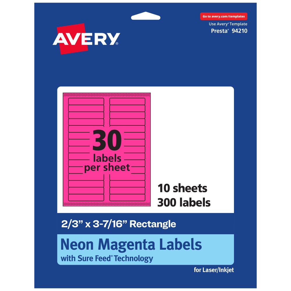 Avery Printable Labels With Sure Feed Technology, 94210-NMP10, Rectangle, 2/3in x 3-7/16in, Matte Neon Magenta, Pack of 300 MPN:94210-NMP10