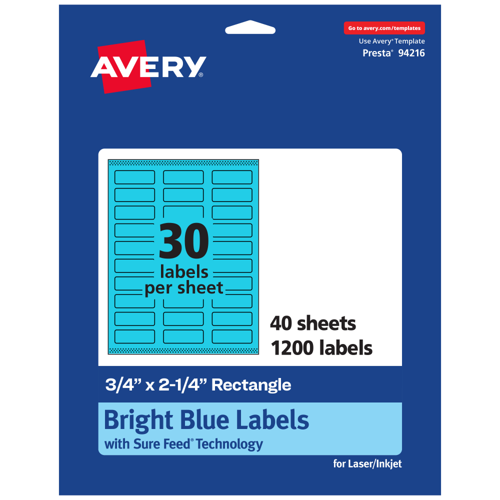 Avery Print-To-The-Edge Labels With Sure Feed Technology And Easy Peel, 94216-BBP40, Rectangle, 3/4in x 2-1/4in, Matte Bright Blue, Pack of 1200 MPN:94216-BBP40