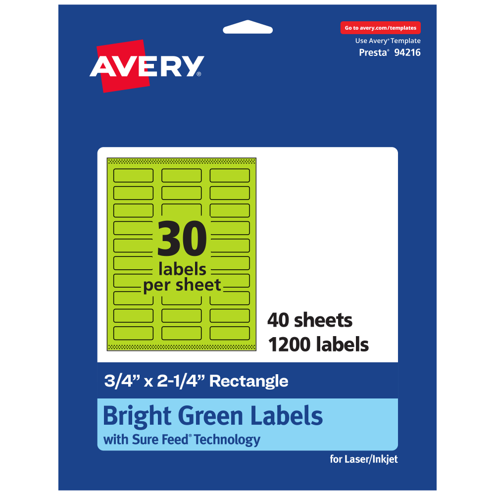 Avery Print-To-The-Edge Labels With Sure Feed Technology And Easy Peel, 94216-BGP40, Rectangle, 3/4in x 2-1/4in, Matte Bright Green, Pack of 1200 MPN:94216-BGP40