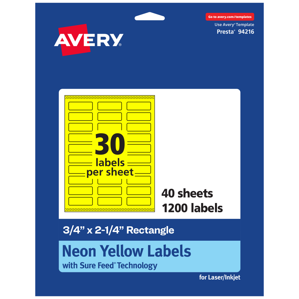 Avery Print-To-The-Edge Labels With Sure Feed Technology And Easy Peel, 94216-NYP40, Rectangle, 3/4in x 2-1/4in, Matte Neon Yellow, Pack of 1200 MPN:94216-NYP40