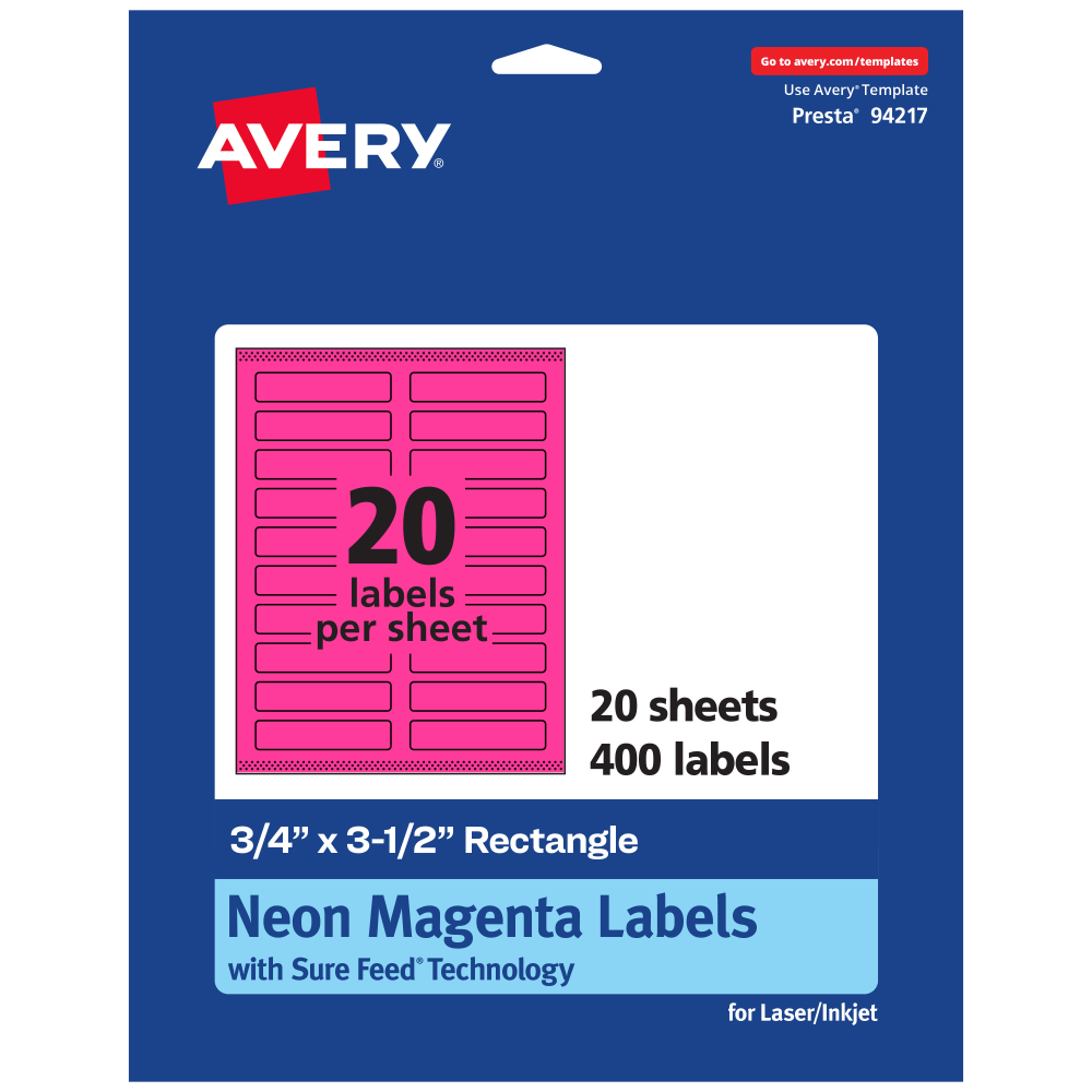 Avery Print-To-The-Edge Labels With Sure Feed Technology And Easy Peel, 94217-NMP20, Rectangle, 3/4in x 3-1/2in, Matte Neon Magenta, Pack of 400 MPN:94217-NMP20