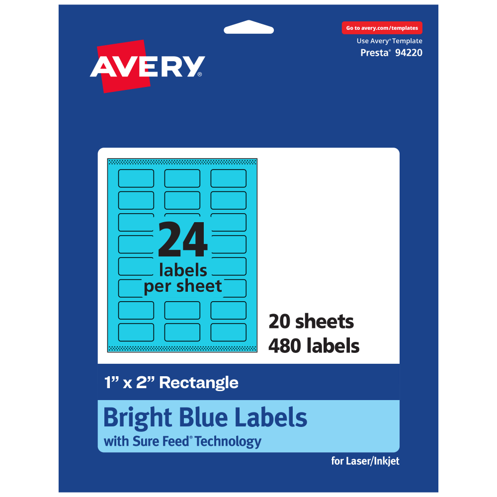 Avery Print-To-The-Edge Labels With Sure Feed Technology And Easy Peel, 94220-BBP20, Rectangle, 1in x 2in, Matte Bright Blue, Pack of 480 MPN:94220-BBP20
