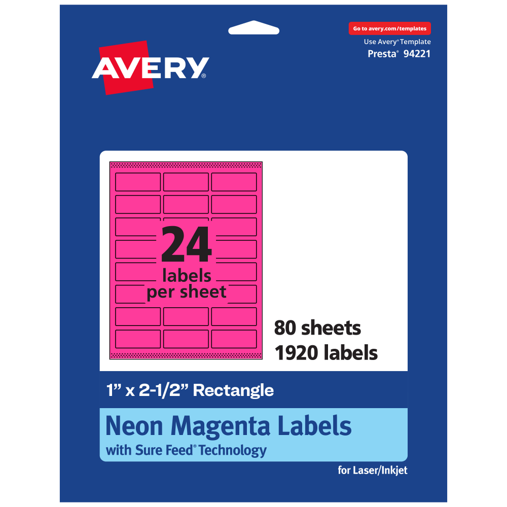 Avery Printable Labels With Sure Feed Technology, 94221-NMP80, Rectangle, 1in x 2-1/2in, Matte Neon Magenta, Pack of 1920 MPN:94221-NMP80