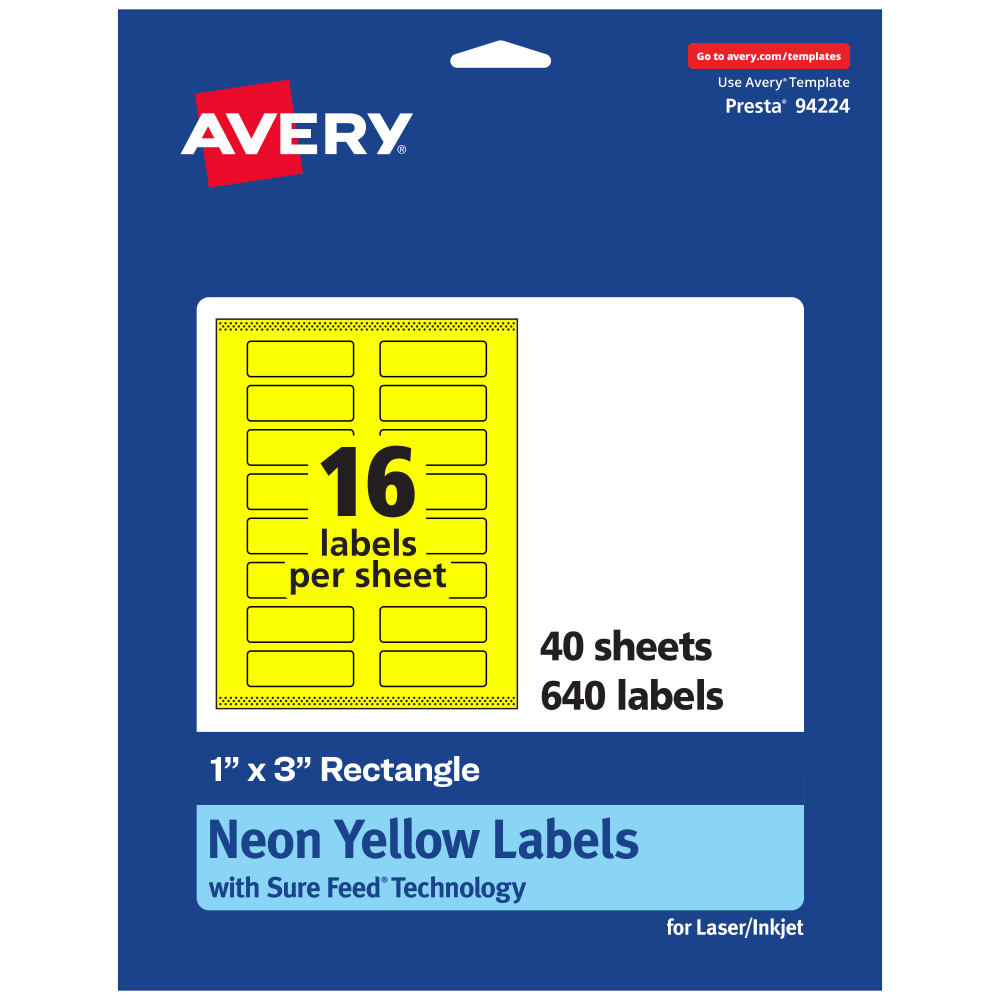 Avery Print-To-The-Edge Labels With Sure Feed Technology And Easy Peel, 94224-NYP40, Rectangle, 1in x 3in, Matte Neon Yellow, Pack of 640 MPN:94224-NYP40