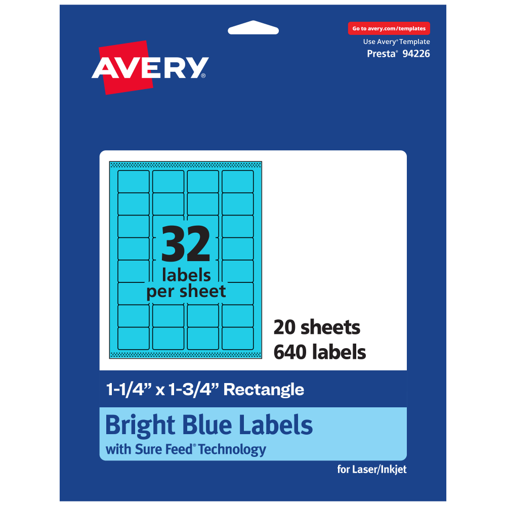 Avery Printable Labels With Sure Feed Technology, 94226-BBP20, Rectangle, 1-1/4in x 1-3/4in, Matte Bright Blue, Pack of 640 MPN:94226-BBP20